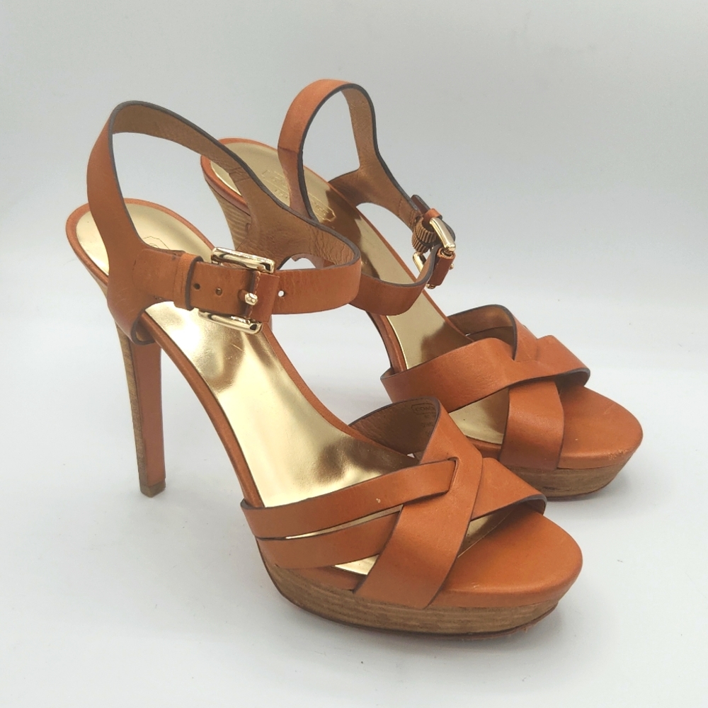 COACH •Camel brown Dani Veg Leather heels